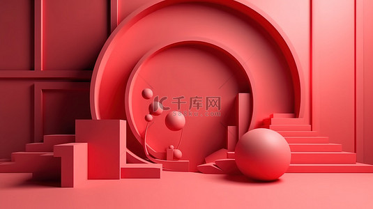 带刺圆圈背景图片_带圆圈的墙角场景中的几何 3D 渲染简约抽象粉色和红色背景