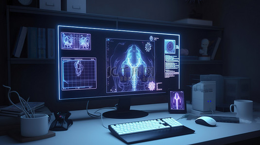 癌症医疗背景图片_具有以 3D 渲染显示的健康软件屏幕的医疗桌面
