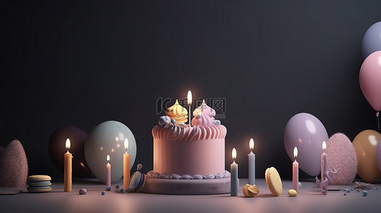 快乐蛋糕背景图片_深色粉彩主题生日派对横幅 3d 渲染蛋糕与蜡烛插图