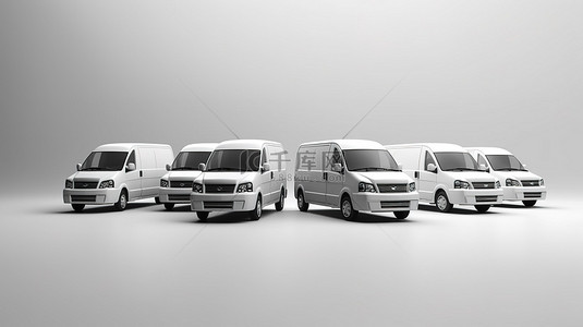 白色货车背景图片_3D 渲染中的一组空白白色货车