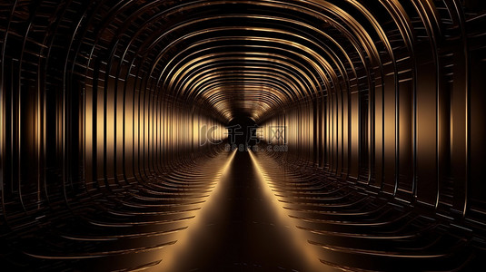 反射纹理背景图片_闪闪发光的黑色和金色隧道 3D 渲染空间，弯曲线条深，深度和反射照明