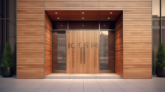 现代建筑 3d 渲染的建筑物带有醒目的木制入口门
