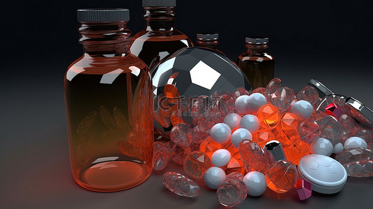 药药丸背景图片_3D 形式瓶盾和药盘中的革命性抗病毒药物