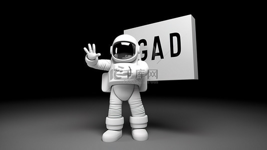 宇航员与广告牌 3D 渲染图像的宇航员举着写着“好”的牌子