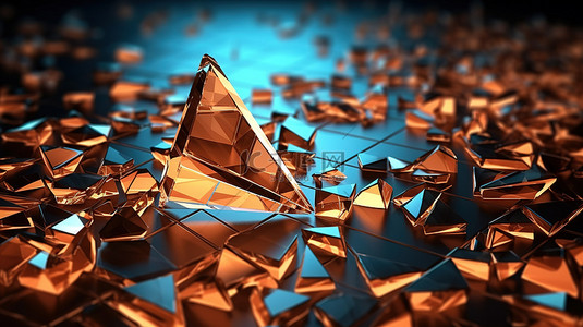 破碎玻璃背景图片_抽象三角形发光技术背景与破碎玻璃 3D 插图