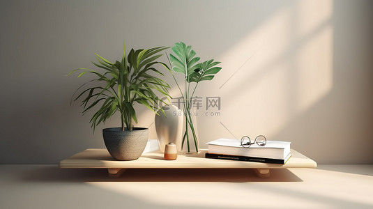 带有迷你植物的小书架和 3d 渲染的书