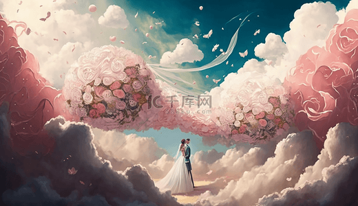 拿鲜花的背景图片_婚礼浪漫粉色梦幻插图背景