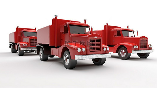 包物流背景图片_送货物流三辆红色卡车 3d 在白色背景上呈现