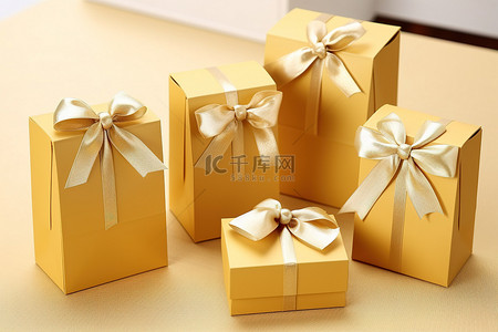 黄色小丝带背景图片_金色礼品盒和黄色纸袋