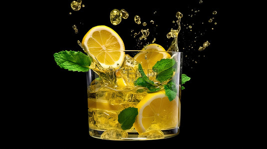 柠檬饮背景图片_在光滑的黑色背景下，切片和立方体融入玻璃杯中，以 3D 方式捕获清爽的柠檬薄荷和冰饮料