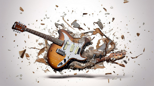 电吉他背景图片_电吉他在混乱中与喷射碎片 3D 渲染