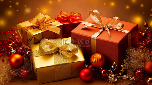 黄色礼物盒子背景图片_圣诞节礼物红色