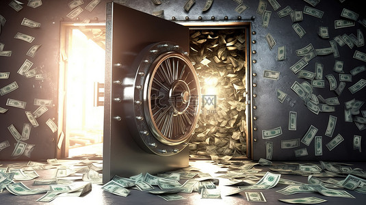 金钱银行背景图片_打开金库门分配金钱的财富和安全 3D 渲染