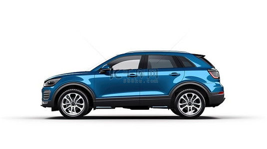 紧凑型蓝色运动 SUV 的 3D 渲染，非常适合在白色隔离背景下工作和家庭驾驶