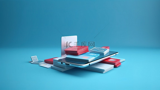 隔离提示卡背景图片_隔离在智能手机信用卡和硬币堆的蓝色 3D 渲染器上