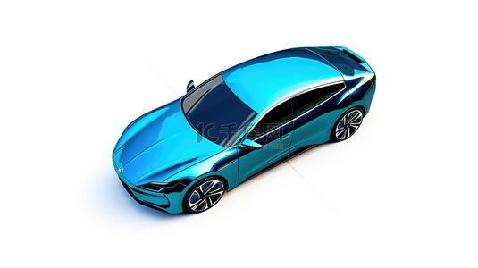 时尚的混合动力汽车，具有蓝色外观和 3D 渲染的白色背景上的阴影细节