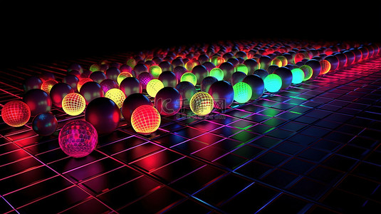 霓虹灯网格背景图片_随机着色的球体填充 3d 渲染的霓虹灯网格空间