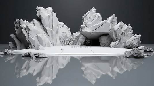 白色石头讲台架反映在水中 3d 背景