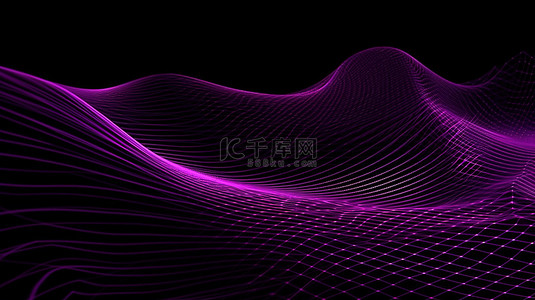 抽象紫色条纹立体设计几何波和发光十字线的 3D 插图