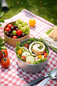 午餐盒沙拉和各种蔬菜和水果的野餐