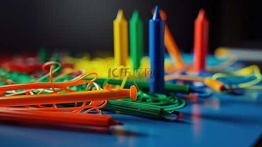 家教室背景图片_蓝桌上有 3D 笔的充满活力的塑料丝