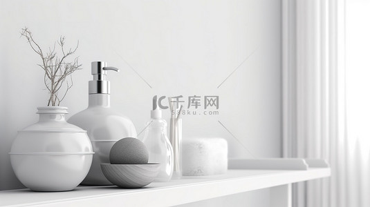 沐浴露背景图片_白色桌面上的简约浴室设置，带有 3D 渲染的空白空间