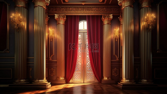 金色的窗帘装饰着一扇 3D 渲染的光芒四射的门，两侧是经典的红色柱子