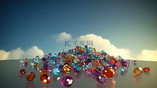 玻璃商务互联网背景图片_大量宝石分散在 3D 渲染的云层中