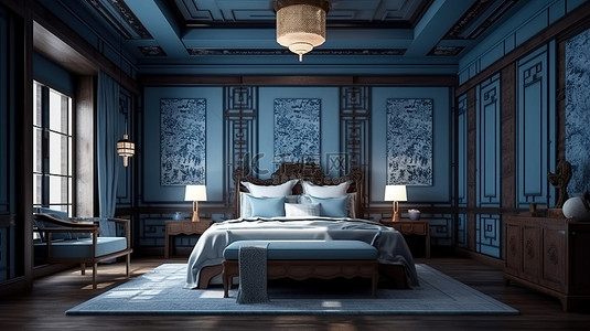 床中式背景图片_度假酒店的豪华中式卧室套房令人惊叹的 3D 渲染与蓝色口音