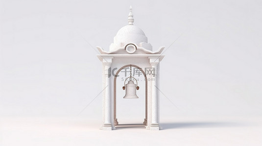 钟背景图片_粘土风格的白色钟楼，设有拱门和悬挂的钟，以 3D 渲染的白色背景为特色