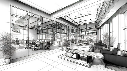 协作办公空间的当代手绘蓝图和现代工作场所概念的 3D 渲染