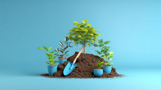 园艺工具背景图片_蓝色隔离背景上园艺工具的 3D 渲染，土堆上种植有小植物