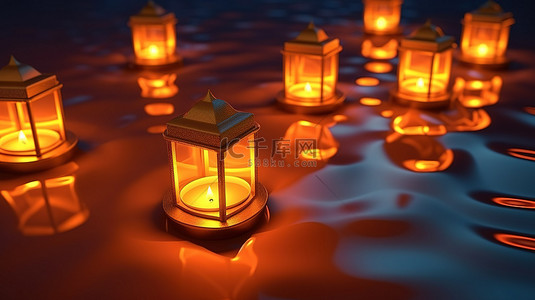 黑色文化背景背景图片_等距视图中的 3d 浮动蜡烛灯笼