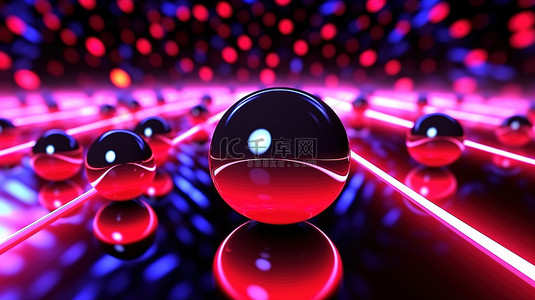 旋转红色背景图片_抽象霓虹灯背景中旋转球体的动态 3D 渲染，闪烁蓝色和红色灯光