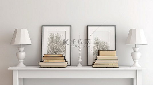 极简主义模型三个白色相框装饰着墙壁和一本书 3D 渲染