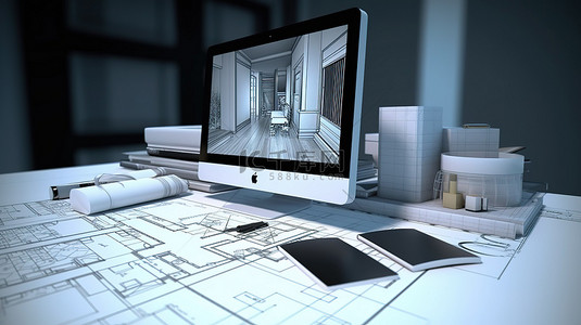建筑网站设计中展示的 3D 渲染台式计算机