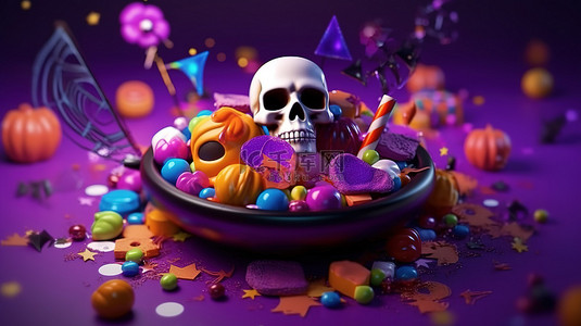 怪异的万圣节场景，巫婆帽骨头头骨和南瓜在色彩缤纷的糖果背景上