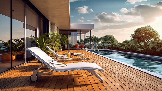 时尚的露台，配有池畔日光浴躺椅，毗邻 3D 渲染的现代住宅