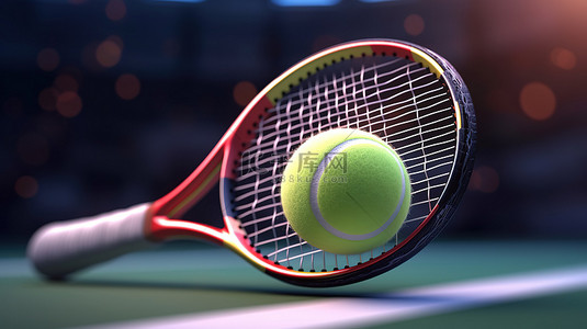 网球表情背景图片_3D 渲染的网球拍，顶部有一个动画球，背景模糊