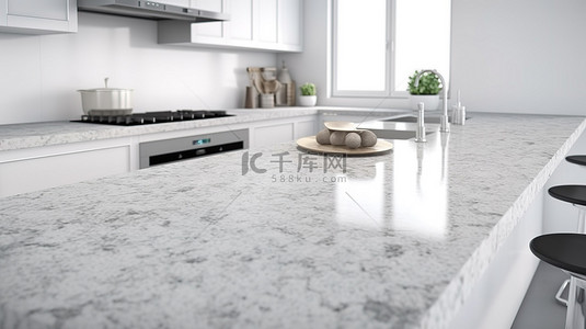 现代 3D 厨房渲染，白色花岗岩台面上有充足的复制空间