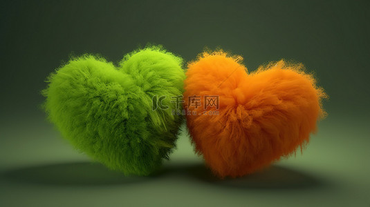 橙色爱情背景图片_情人节蓬松的心对绿色和橙色的 3D 插图
