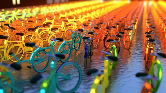 光芒四射的自行车是车流海洋中的 3D 渲染杰作