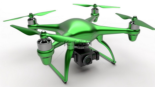 白色背景展示了现代 3D 渲染的绿色遥控空中无人机，其动作相机在飞行中盘旋