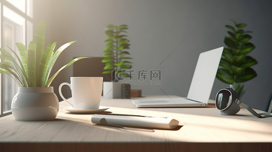 电脑屋背景图片_带电脑咖啡杯和花盆的家庭办公室的现代工作空间 3D 渲染