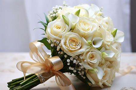 金丝花背景图片_带金丝带的白色新娘花束