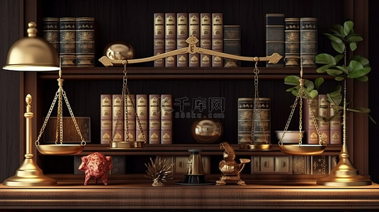 深色过滤法律图书馆，配有木制法官木槌和 3D 金色秤