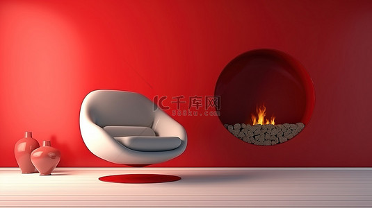 时尚的单座红色椅子增强了现代壁炉内部 3D 渲染