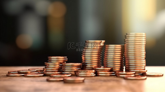上升的硬币堆栈表示金融增长和繁荣，箭头符号代表储蓄和投资理念 3D 渲染艺术品
