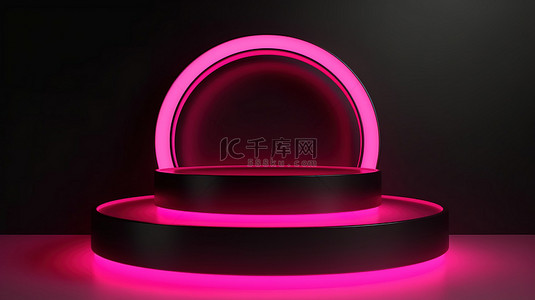 产品显示背景图片_带有充满活力的霓虹灯环和 3d 粉红色讲台的单色背景