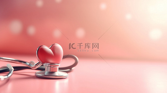 柔和的粉红色桌子背景上心形听诊器的 3D 渲染插图